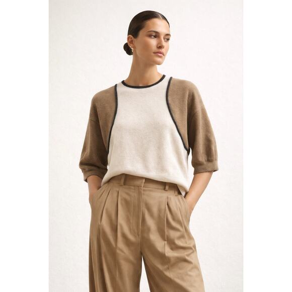 Brunello Cucinelli Cashmere Colorblock Short Sleeve Sweater Cream Jumper Medium